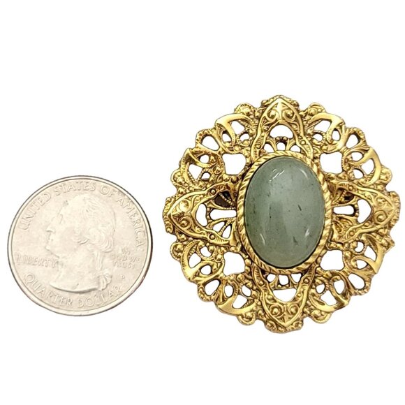 1928 Brand Gold Tone Scalloped Maltese Cross Design Round Aventurine Pin, K646 - Picture 6 of 8